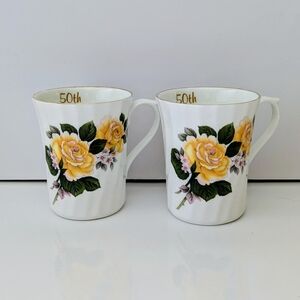 2 Vintage Royal Stuart 50th Anniversary Floral Mugs FineBone China Yellow Roses